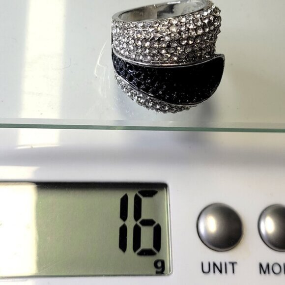 Two Tone Silver and Black Color Wide Ring Concave Design with Rhinestones Sz 5 - Picture 12 of 14